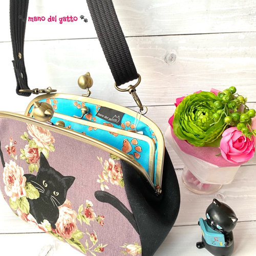 親子がま口バッグ【黒猫と薔薇】パープル ポシェット ねこの手工房