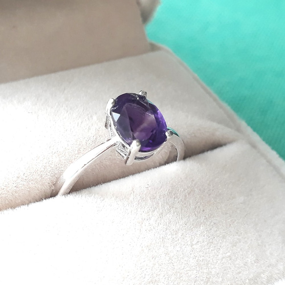 925銀白金 紫水晶Amethyst 橢圓切面爪鑲戒指 VVS 6*8mm 第1張的照片