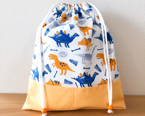 入学・入園】恐竜柄オレンジ☆お着替え袋・体操着入れ♪巾着