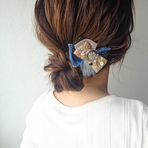 denim&刺繍ヘアクリップ