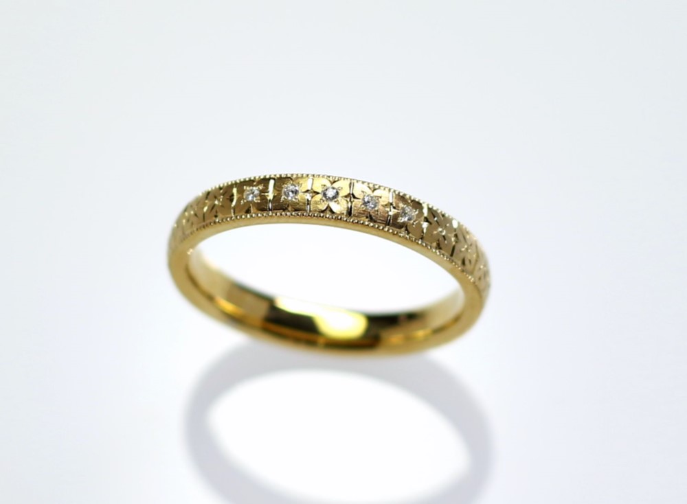 K18YG 手彫りリング(ダイヤモンド＆紫陽花）