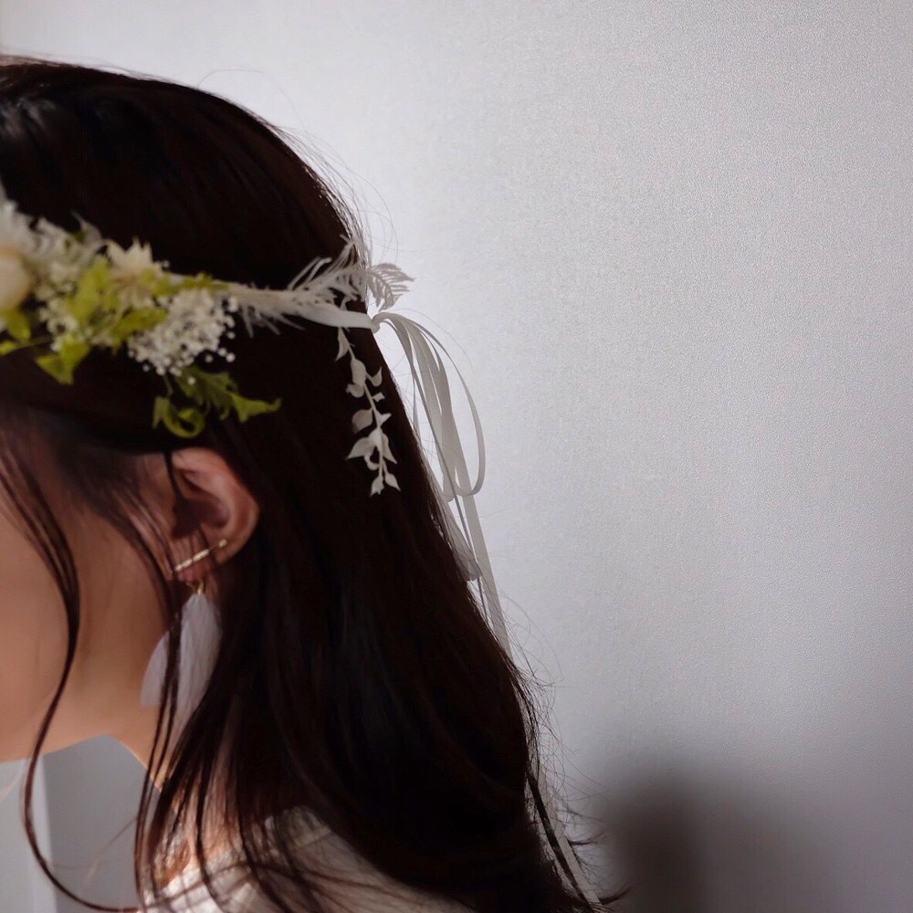 【送料無料】白グリーンの爽やか花かんむり+ブートニア2点セット プリザーブドフラワー