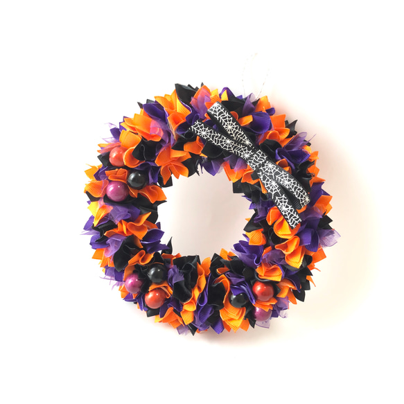 ＊376＊ミッケ＊~布リース　ハロウィンリース　インド刺繍リボン ハロウィン 布リース（オレンジ / 折り紙） | mun1'