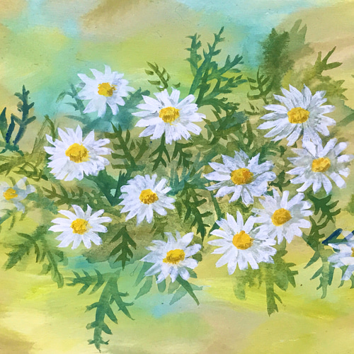 アクリル画　原画　「マーガレットの咲く高原03」額縁付き　SMサイズ　風景画 アクリル画 原画 「マーガレットの咲く高原03」額縁付き SM