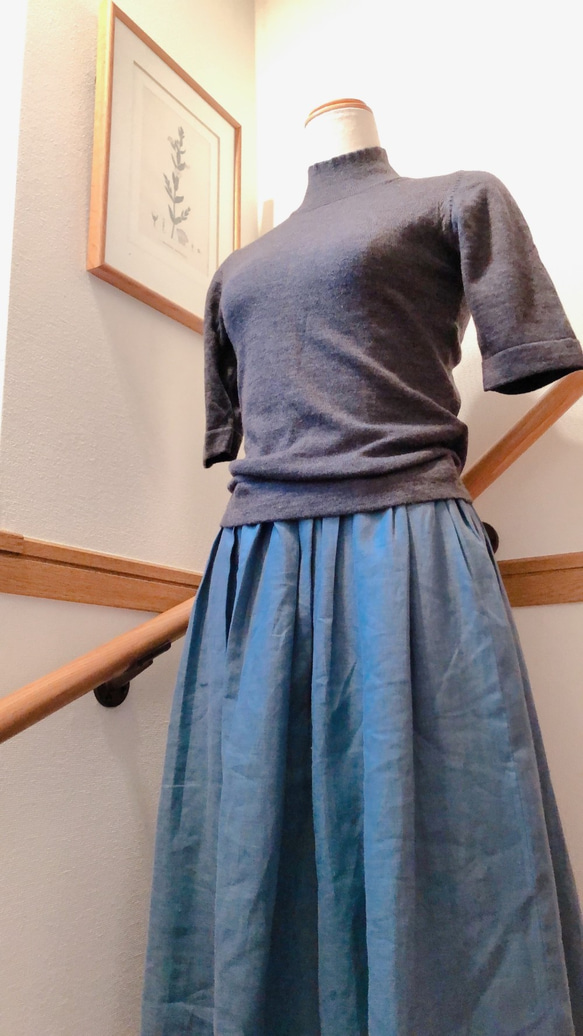 【夏のお出掛けに】リネン　麻のスカート　ターコイズブルー 2枚目の画像