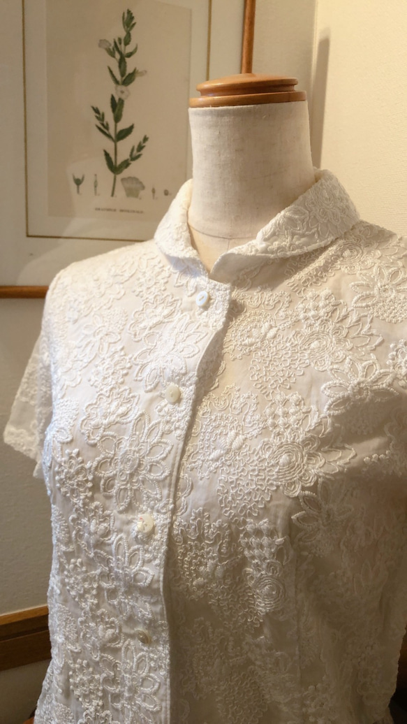 暑い夏も涼やかに】総刺繍 コットンシャツ 半袖/ホワイト ブラウス 