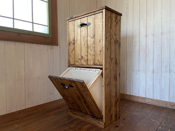 50リットル木製多分別ゴミ箱　無垢材ハンドメイド家具 2枚目の画像
