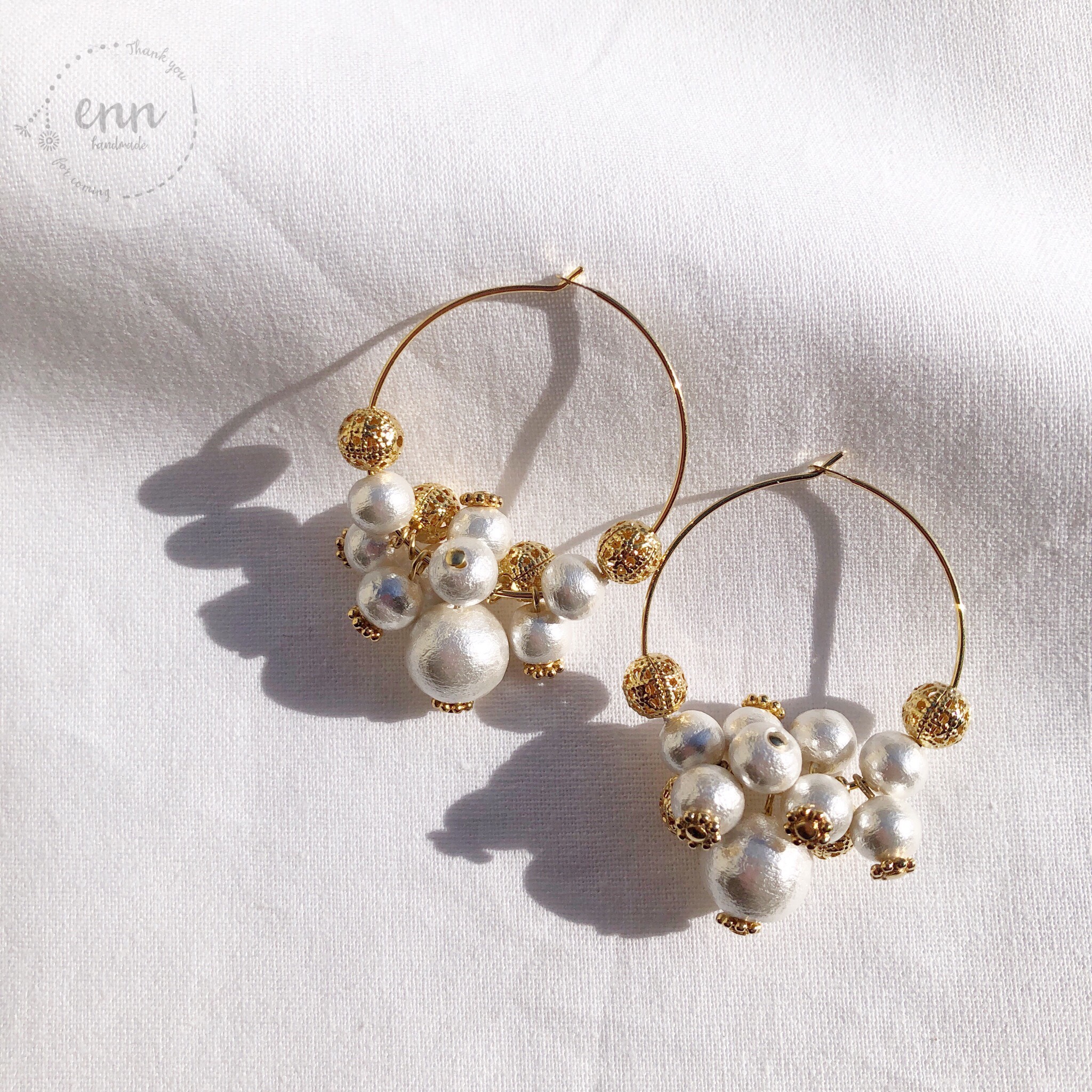wire hoop pearl metal gold enn Creema