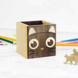 方塊動物 胡桃木拼接貓咪筆筒 收納盒 /客製化/接單訂製 第2張的照片