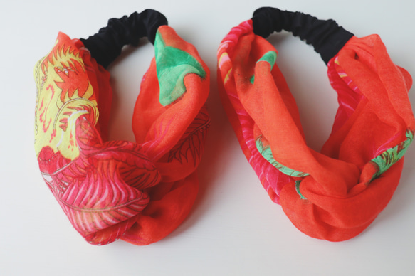 Creema限定　スカーフで作ったヘアバンド(赤) 2枚目の画像