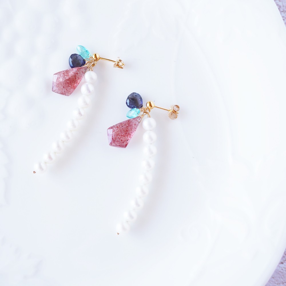 K14gf　3色の天然石と連パールのピアス