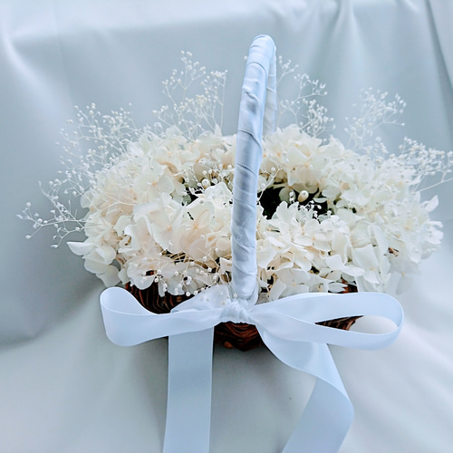 持ち手リボン、ナチュラル、リングピローかご。花籠、オフホワイト  