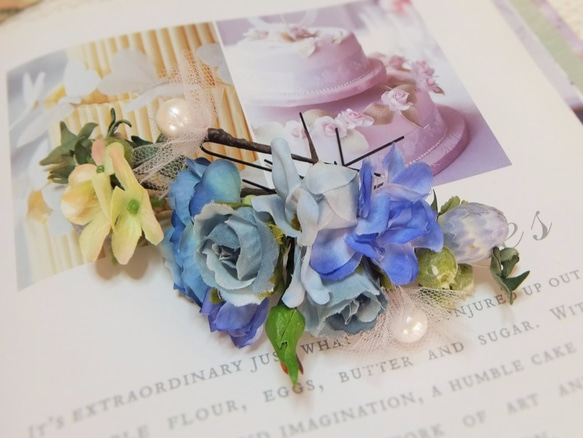 オフィーリアの花かんざし☆コーネリアスローズ&デルフィー 6本セット☆*くすみブルー 1枚目の画像