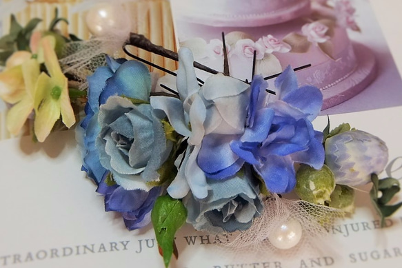 オフィーリアの花かんざし☆コーネリアスローズ&デルフィー 6本セット☆*くすみブルー 3枚目の画像