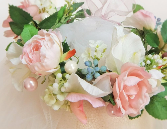 【受注生産作品】アン好みのちいさな花冠～コーネリアスローズ&スイトピーのプチフラワーティアラ～ 3枚目の画像