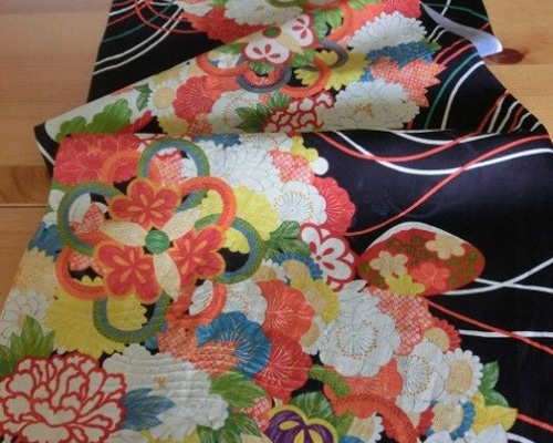 古布＊正絹錦紗縮緬＊刺繍入り・紺地に荒波花＊36x145cm