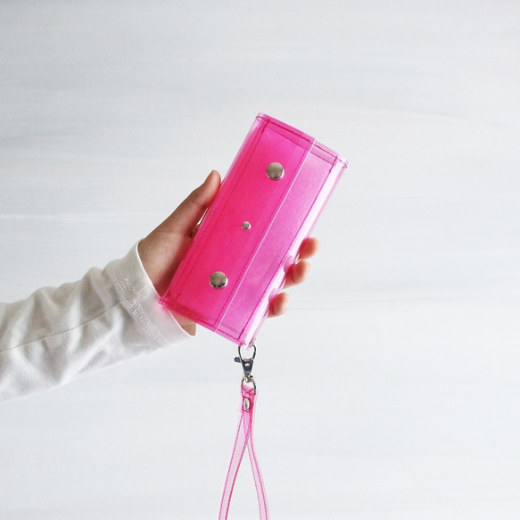 Xperia、Galaxy『スケルトン』ピンク　クリアケース　PVC透明手帳型スマートフォンケース 2枚目の画像