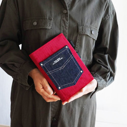 ◆B6size◆コーデュロイ大きなデニムポケット付き　スケジュール手帳カバー　ボルドー 4枚目の画像