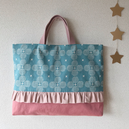 受注製作】北欧花柄×くすみカラー フリルレッスンバッグ ブルー