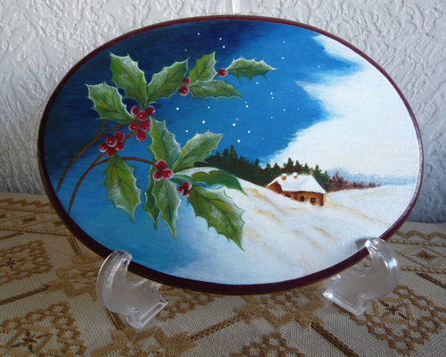 トールペイント作品　ポインセチアと冬景色メアリー ワイズマン　36cm丸 トールペイント作品 ポインセチアと冬景色メアリー ワイズマン