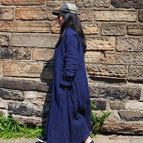 ネイビーブルールーズミッドブレストボタンサイドロングリネンシャツ