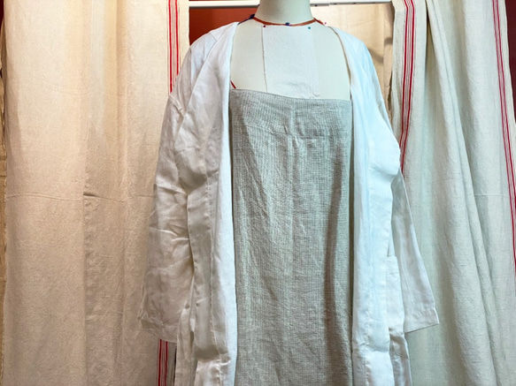 TinerCoutureホワイトリネンホームパジャマショートローブバスローブ 5枚目の画像