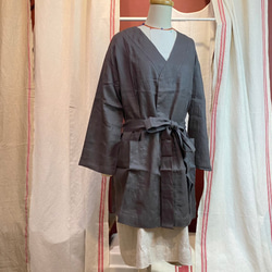 Tiner Couture 棕色亞麻居家睡衣短袍浴袍 第2張的照片