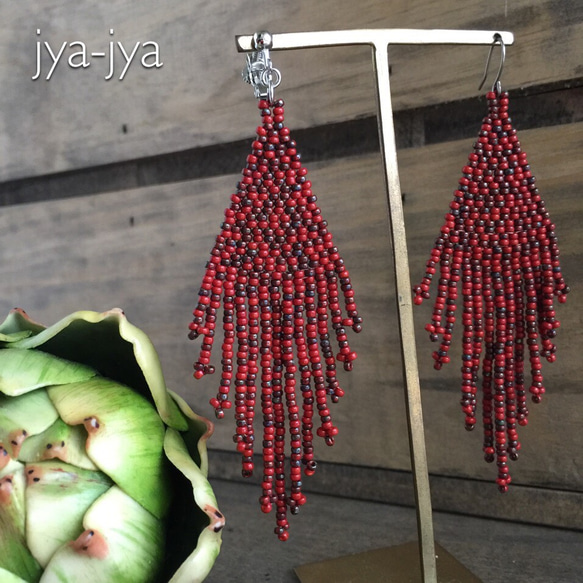 【再販】seedbeads fringe earring - red 4枚目の画像
