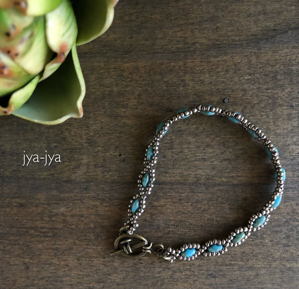 【受注製作】twin beads bracelet - turquoise silver 2枚目の画像