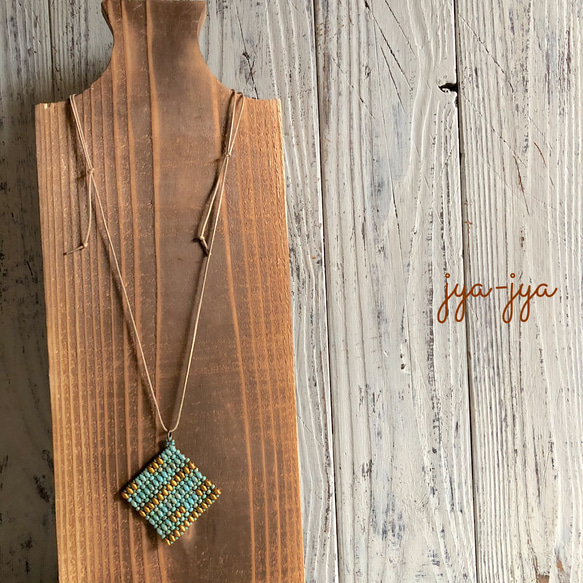 twin beads square  necklace - turquoise gold 2枚目の画像