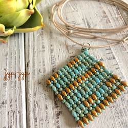 twin beads square  necklace - turquoise gold 3枚目の画像