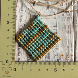 twin beads square  necklace - turquoise gold 4枚目の画像