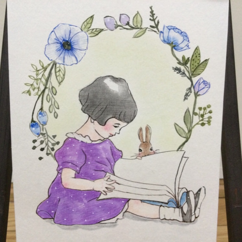 イラスト ☆原画販売☆ 水彩 パステル 色鉛筆 レトロ 絵本 女の子と 