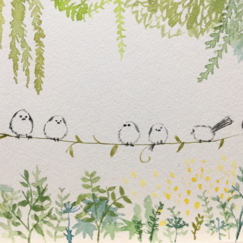シマエナガ 原画 水彩 緑 自然 小鳥 お花 子供部屋 ポストカード