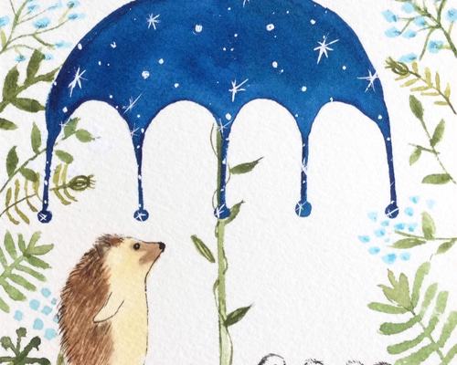 雨宿り♪ 原画 水彩 ハリネズミとシマエナガ 星がキラキラ輝く傘 草花