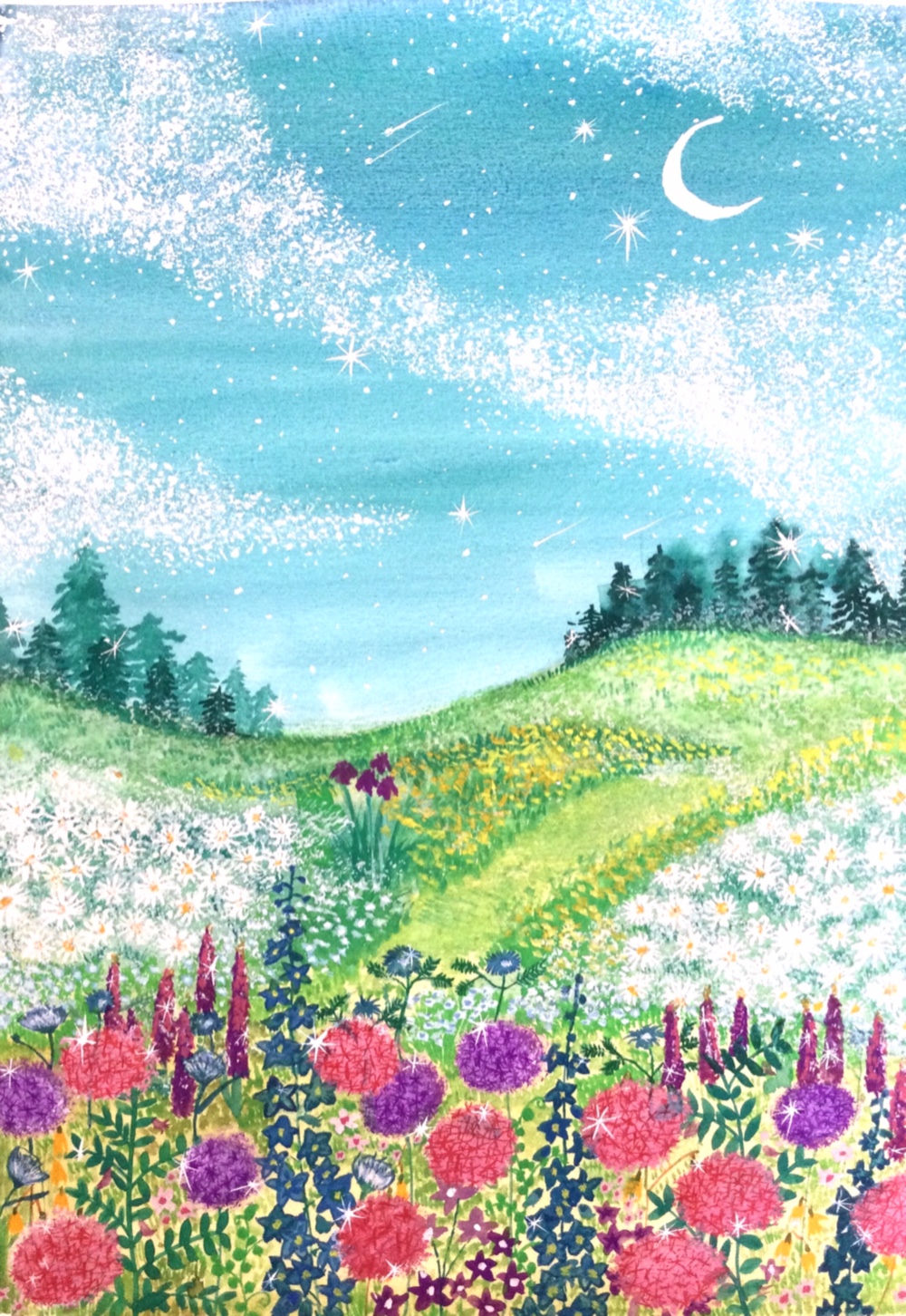 煌めく夜空と花畑 原画 水彩 アクリル 夜空と花畑を幻想的に描き 煌めく夜空と花畑 原画 水彩 アクリル 夜空と花畑を幻想的に描き