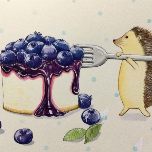 ブルーベリータルトとハリネズミ 水彩 アクリル 原画 スイーツと可愛い