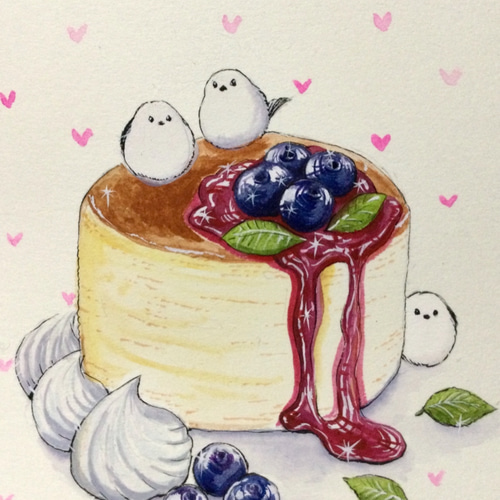 ホットケーキとシマエナガ 原画 水彩 アクリル お洒落なスイーツ