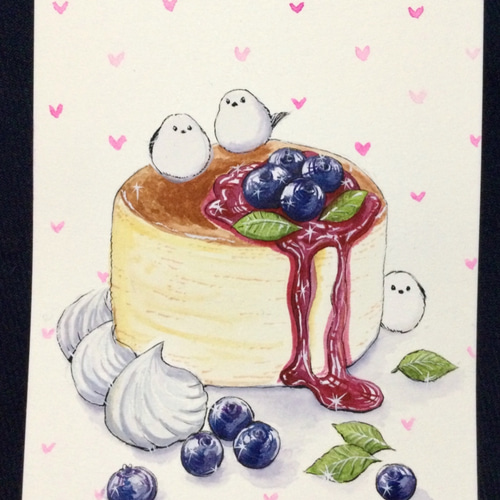 手描きイラスト　ミニ色紙　夏喫茶/ホットケーキ ホットケーキとシマエナガ 原画 水彩 アクリル お洒落なスイーツ