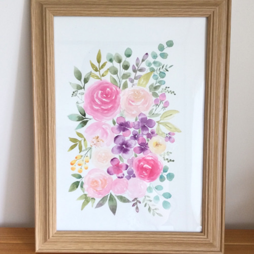 「woman,pink」水彩画 原画 B5 ローズブーケ 水彩 原画 B5サイズ 玄関のエントランスに飾ったり