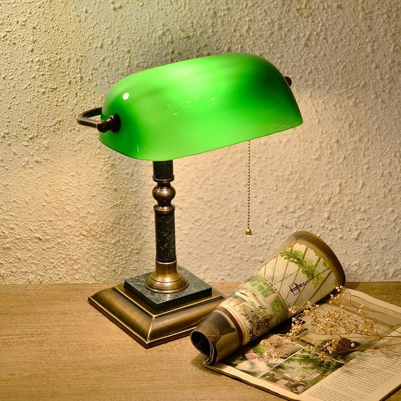 經典款全銅大理石座綠色直座銀行桌燈|Normande手工玻璃 第1張的照片