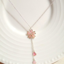 定做/櫻花和花瓣小Y形項鍊-淺粉色- 第3張的照片