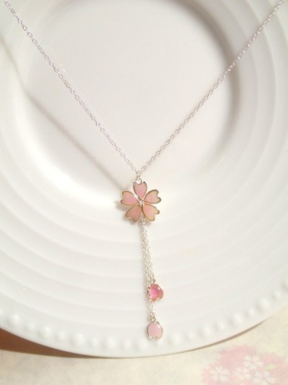 定做/櫻花和花瓣小Y形項鍊-淺粉色- 第3張的照片