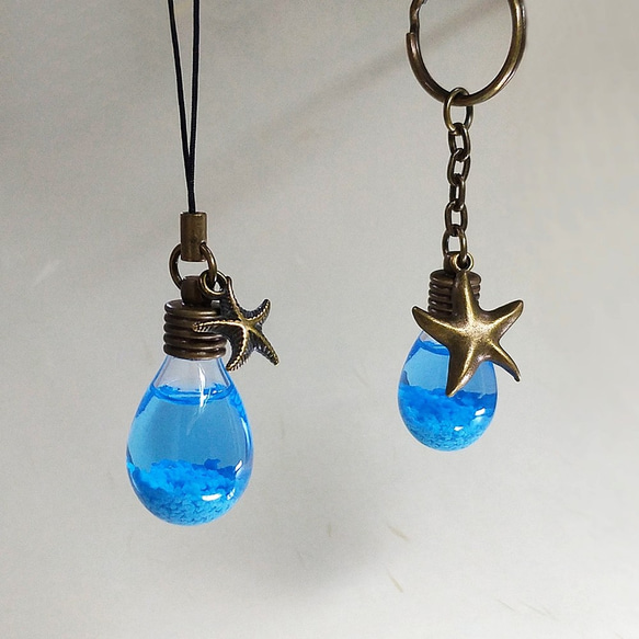 青い涙キーリング Blue tears keychain ストラップ ショートビーズチェーン 暗闇で光る砂 コスプレ 5枚目の画像