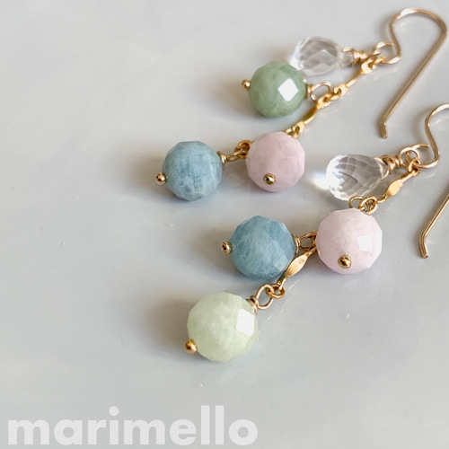 14kgf*ミックスベリルの春色ボンボンピアス／イヤリング*天然石 ピアス