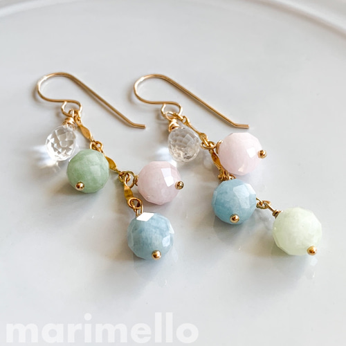 14kgf*ミックスベリルの春色ボンボンピアス／イヤリング*天然石 ピアス