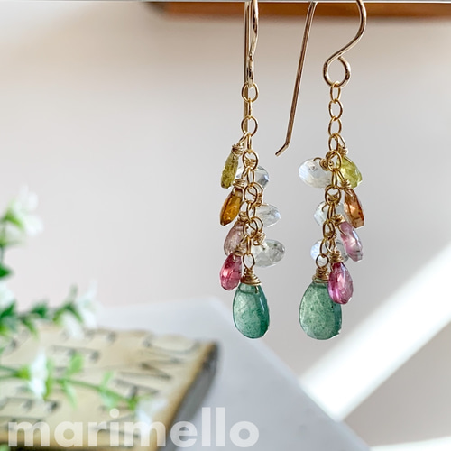 14kgf*トルマリンとグリーンストロベリークォーツのピアス／イヤリング  