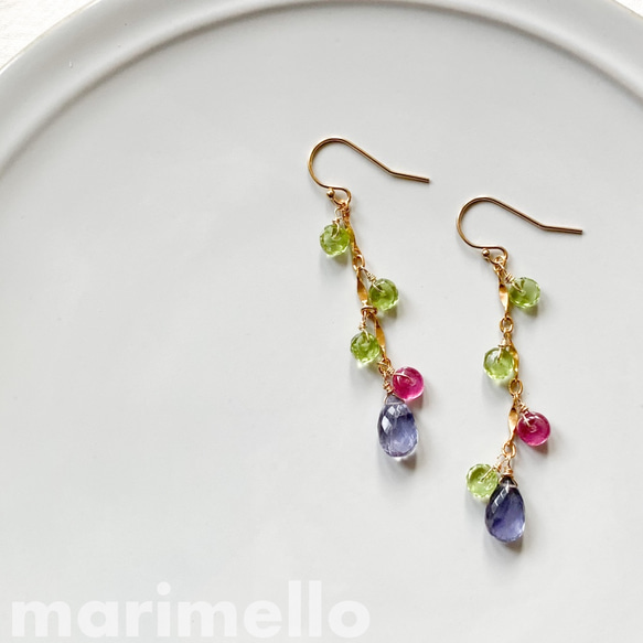 14kgf*アイオライトとペリドットのチェーンピアス／イヤリング*天然石  