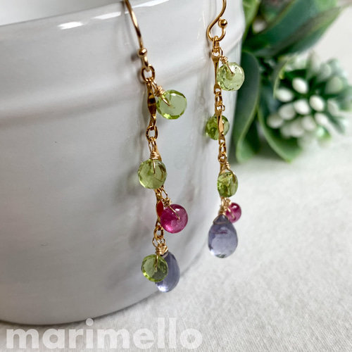 14kgf*アイオライトとペリドットのチェーンピアス／イヤリング*天然石  