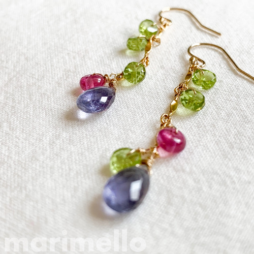 14kgf*アイオライトとペリドットのチェーンピアス／イヤリング*天然石  